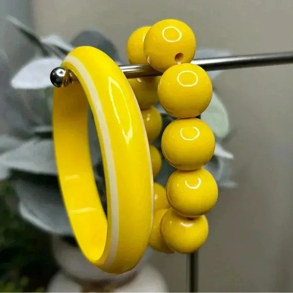 Bright Yellow Chunky Beaded and Bangle Bracelets - Picture 3 of 4